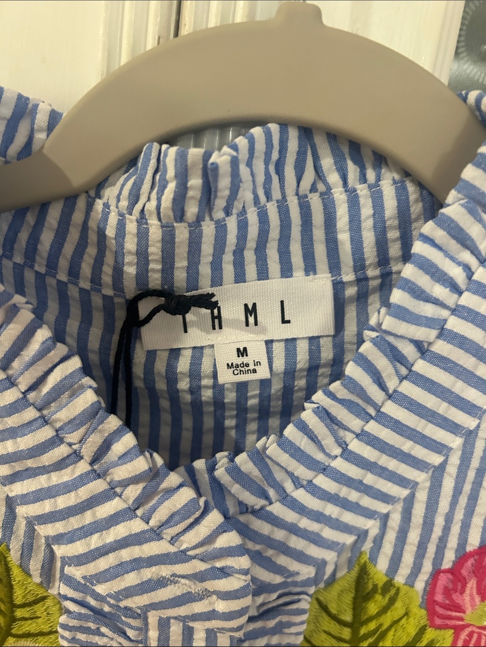 THML Blue & White Striped Embroidered Floral Top - Picture 3 of 5